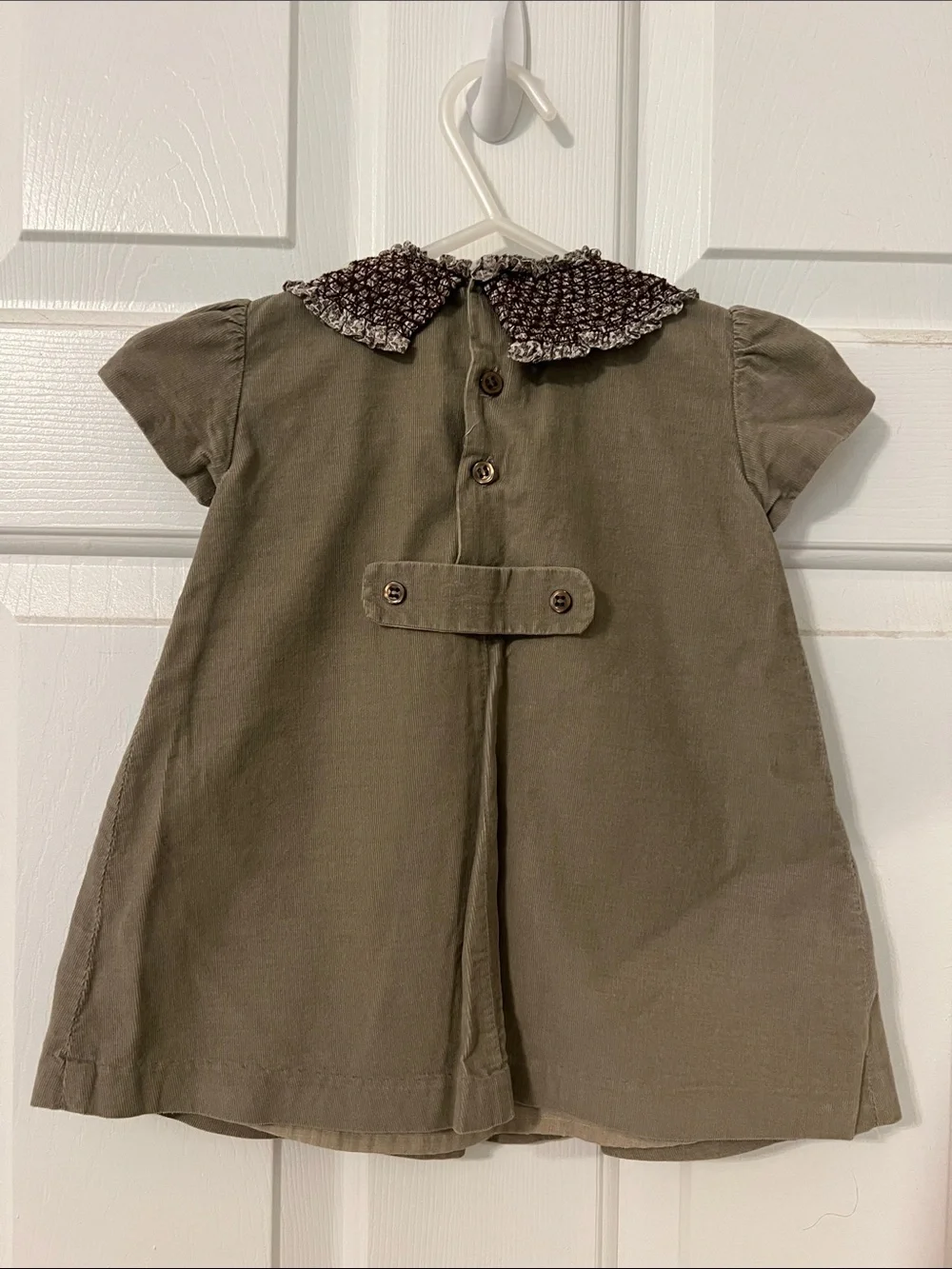 Girls Olive Green Short Sleeve Dress with Decorative Textured Collar
